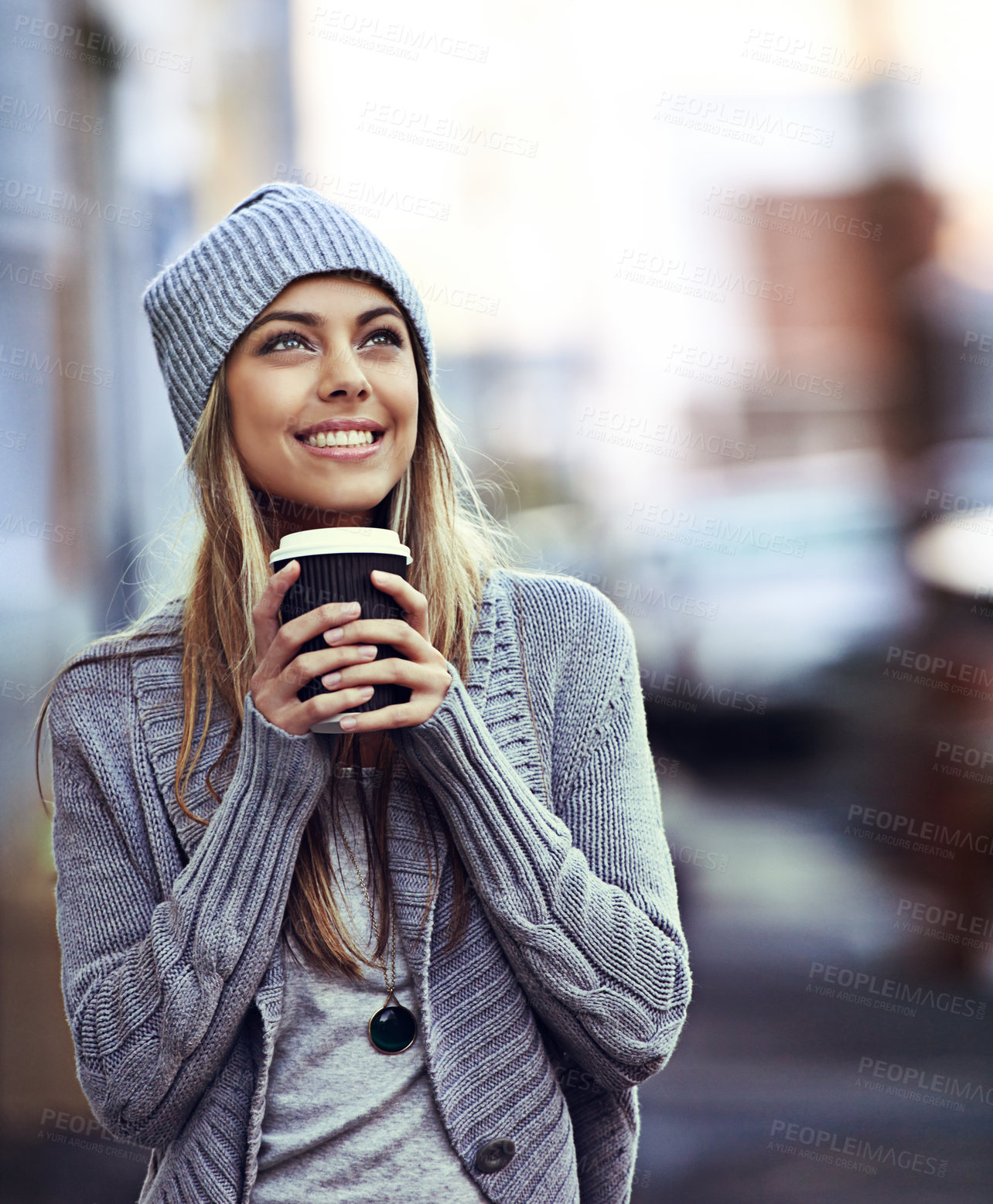 Buy stock photo Coffee, happy and woman in city thinking with drink, caffeine beverage and cappuccino in street. Travel, relax and person with latte in urban town walking in road for commute, tourism and holiday