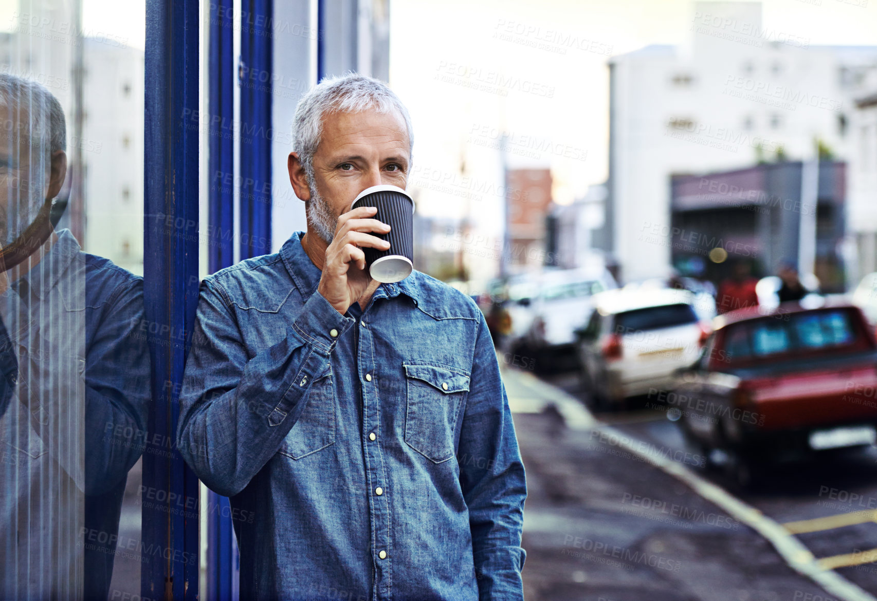 Buy stock photo Portrait, takeaway coffee and mature man in city, drinking and calm with morning routine in street. Face, person and traveller with herbal tea on weekend brea, urban town and drink with buildings