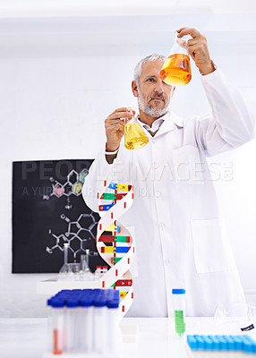Buy stock photo Shot of a mature male scientist examining the results of an experiment in his lab