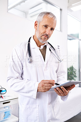 Buy stock photo Tablet, healthcare and doctor with portrait of man in hospital for telehealth, medical report and diagnosis. Medicine, insurance and clinic with mature person for expert analysis, cure and specialist