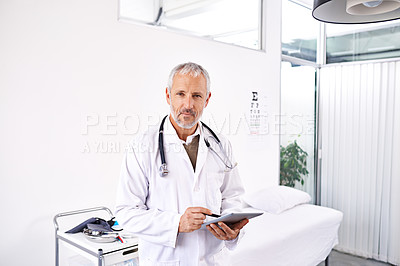 Buy stock photo Tablet, optometry and doctor with portrait of man in hospital for telehealth, medical report and diagnosis. Medicine, vision and clinic with mature person for expert, healthcare and specialist