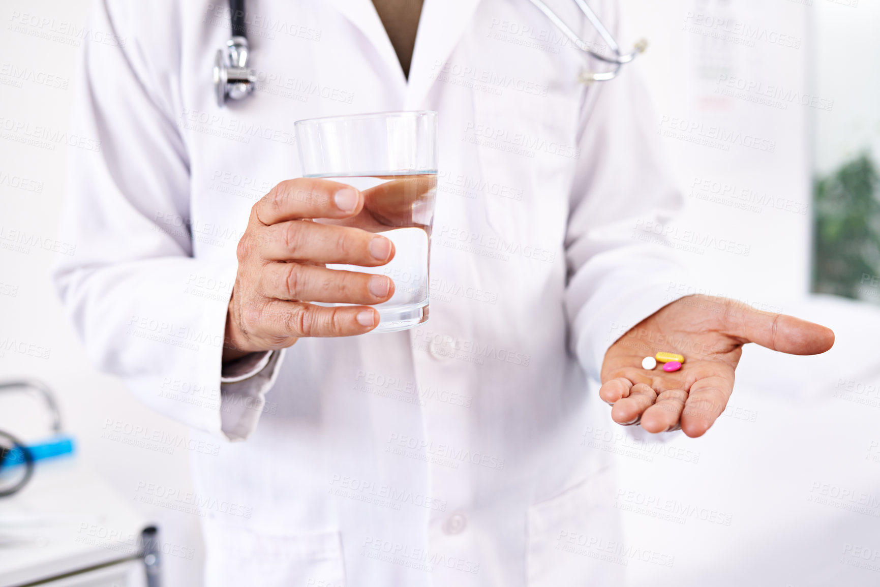 Buy stock photo Pills, water and doctor with hand of person in hospital for offer, medical advice and diagnosis. Medicine, insurance and consulting with expert and supplements for healthcare, cure and pharmacist