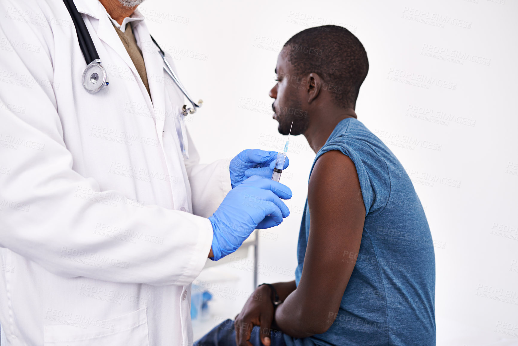Buy stock photo Doctor, injection and patient in hospital for vaccine, healthcare and medicine administration with antibiotics. Gp, needle and man in clinic for virus immunity, allergy and wellness with health shot