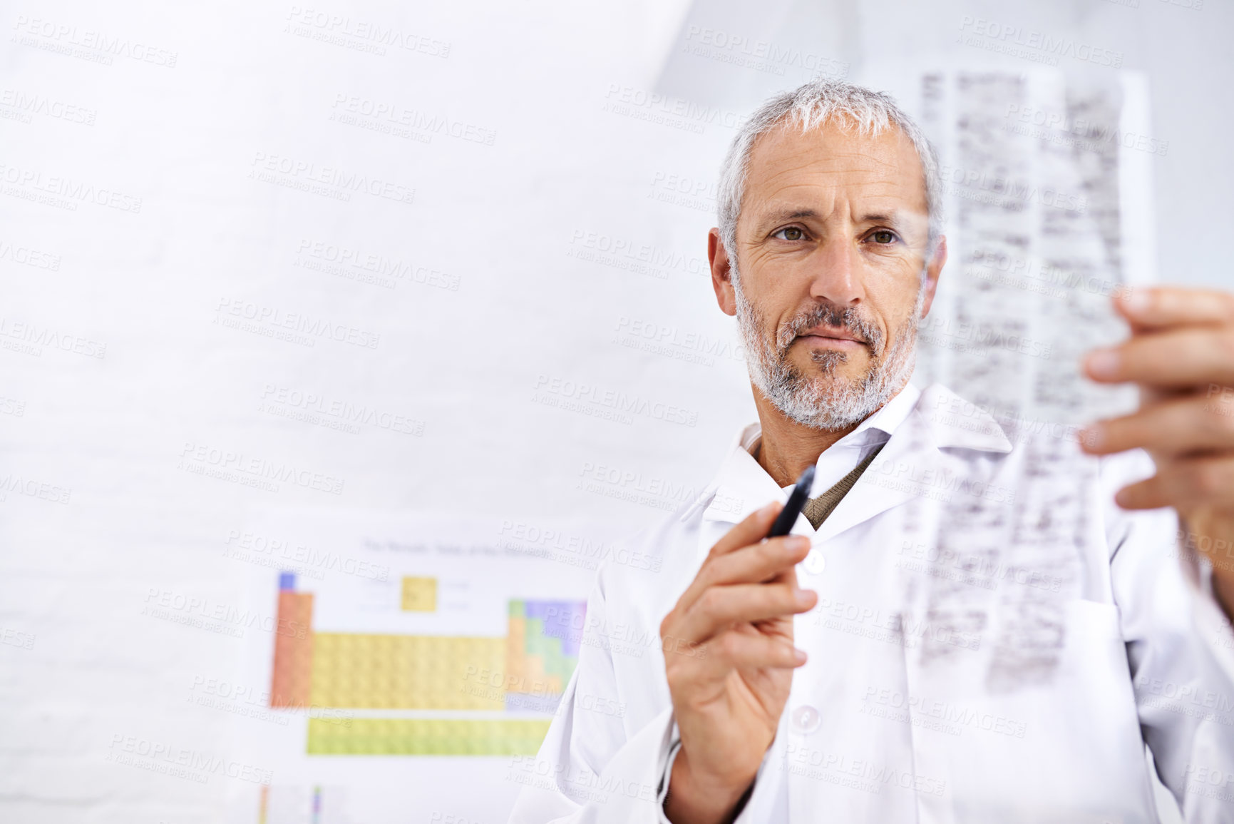 Buy stock photo Scientist, man and dna results in lab with medical analysis, review blood test and experiment information. Researcher, reading and genetic markers for science investigation, study and vaccine report