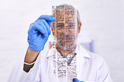 Buy stock photo Dna chart, science and medicine with man in laboratory for genetic testing, rh blood group and enzyme test. Healthcare, research and medical with person and genome discovery for chemical analysis