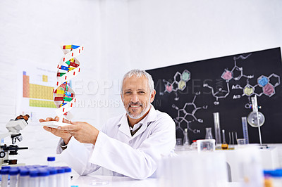 Buy stock photo Man, scientist and DNA model in portrait, lab and happy for biohacking research at pharmaceutical company. Mature person, molecule and study for human genome with pride, smile or particles in Germany