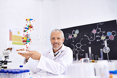 Buy stock photo Portrait of a mature male scientist holding a model of a DNA molecule in his lab