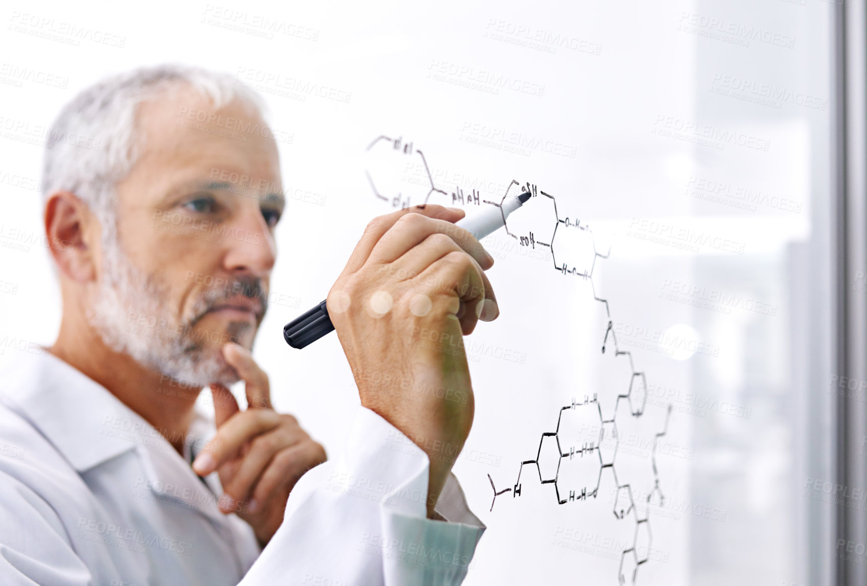 Buy stock photo Thinking, man and writing on glass for science, problem solving and brainstorming in lab. Mature scientist, molecular compound and formula on board for insulin development or medicine engineering