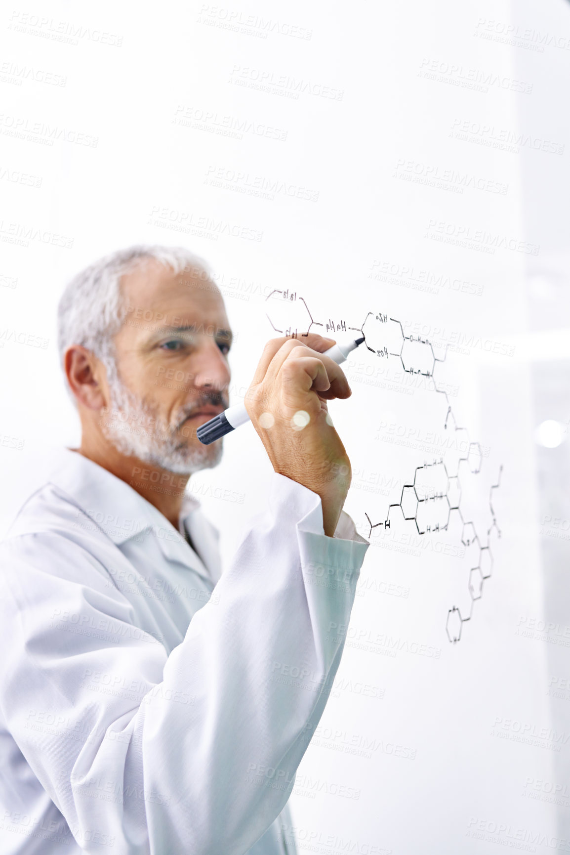 Buy stock photo Man, writing and DNA on glass in laboratory with formula, chemistry and connection for solution. Mature person, scientist and thinking with notes on board for problem solving, research and pharma job