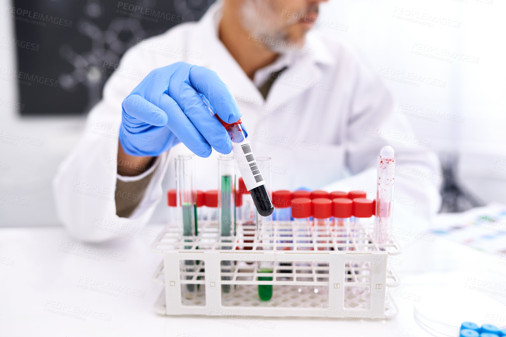 Buy stock photo Man, scientist and laboratory with blood sample in test tube for medical analysis, investigation and research. Science, healthcare development and vial for dna exam or study and scientific experiment