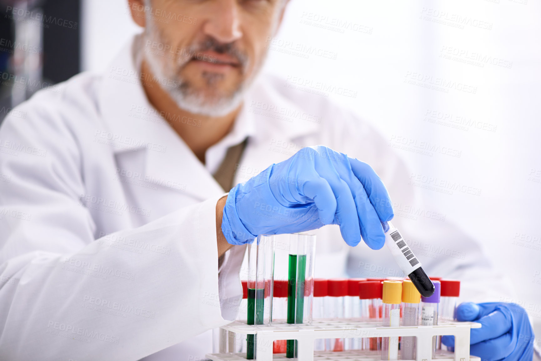 Buy stock photo Mature man, scientist and laboratory with blood sample in test tube for medical analysis, investigation and research. Science, healthcare and vial for dna exam or study and scientific experiment