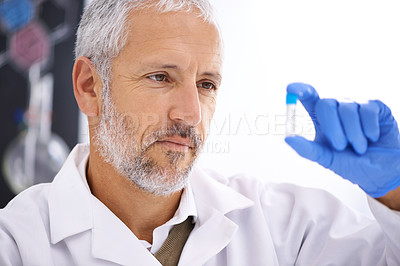 Buy stock photo Science, man and vial in lab for experiment, chemical development and gloves for safety. Mature scientist, thinking and liquid in tube for observation, results or medicine engineering or innovation