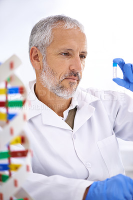 Buy stock photo Science, man and vial in lab for testing, chemical development and gloves for safety. Mature scientist, thinking and liquid in tube for observation, experiment or medicine engineering or innovation