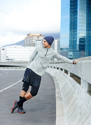 Buy stock photo Fitness, thinking and man relax in city after training, exercise or cardio run for healthy body. Sports, break and tired runner rest on street outdoor for wellness, energy and workout to lose weight