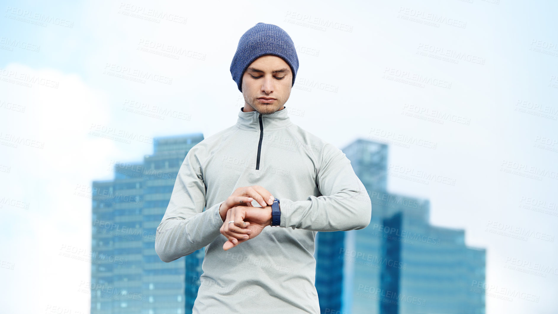 Buy stock photo Man, runner and check smart watch in street for timer, steps and progress with training for marathon in city. Person, athlete and break with workout, exercise or stopwatch on metro sidewalk in Canada