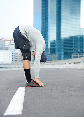 Buy stock photo Man, warm up and city for fitness outdoor with marathon training, cardio exercise and muscle growth of health. Active, runner and stretching with workout performance, health goal and sports challenge