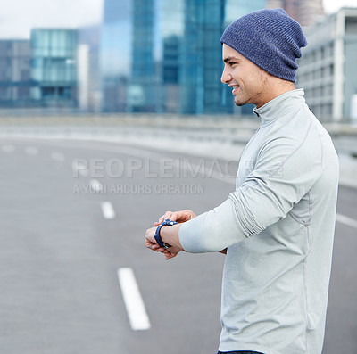 Buy stock photo Man, smart watch and happy in city for fitness, heart rate and wellness app for tracking after exercise challenge. Road, male person or runner with clock for running time, training progress and pulse