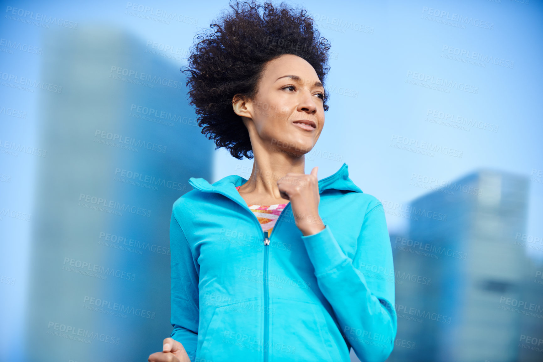 Buy stock photo Sports, health and woman running in city for race, marathon or endurance training in road. Fitness, runner and female athlete with cardio workout or exercise for outdoor challenge in urban town.
