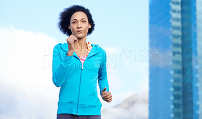 Buy stock photo Running, speed and athlete with woman in city for training, fitness and wellness. Health, exercise and marathon workout with female runner on downtown for urban, cardio and sports performance