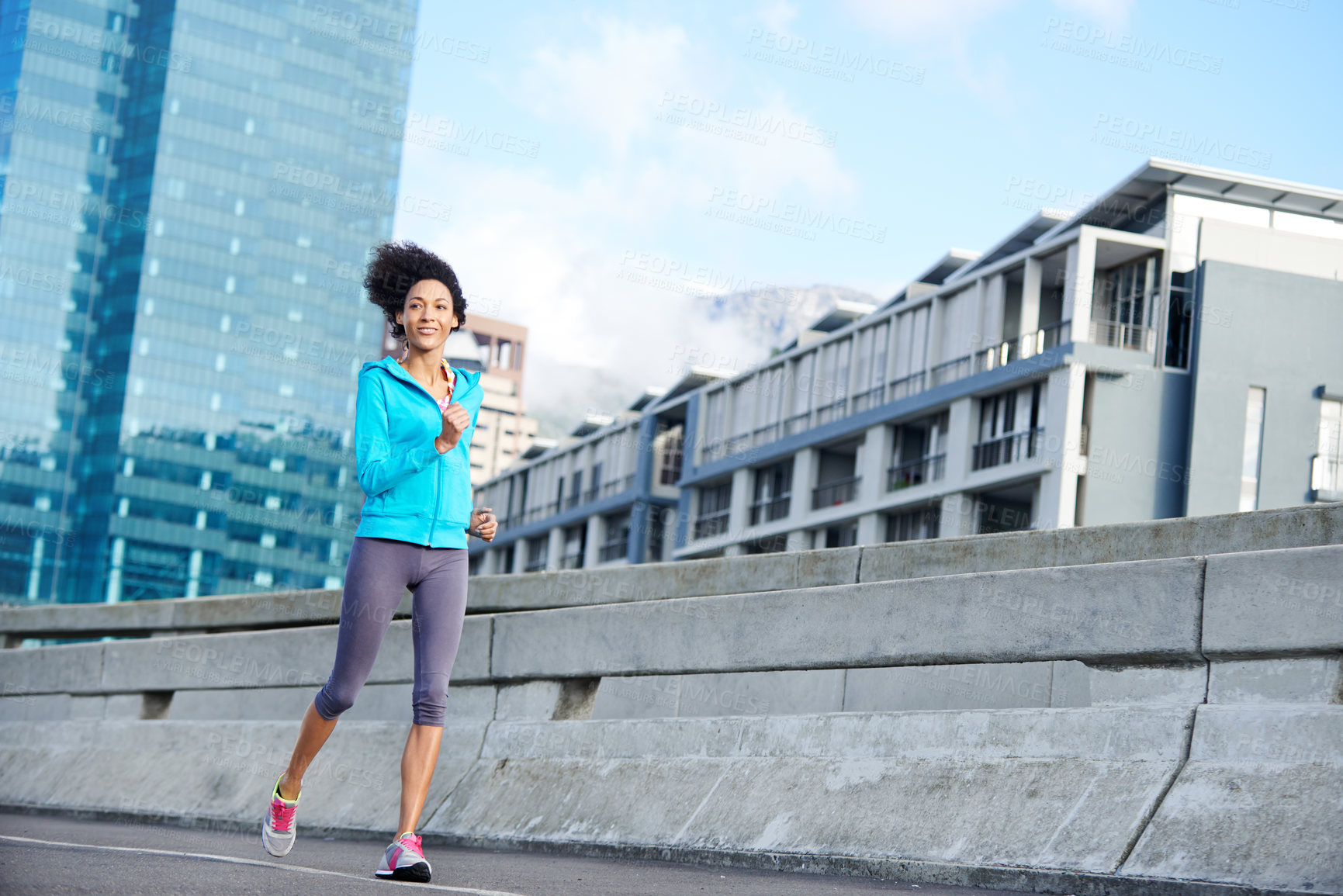 Buy stock photo Sports, bridge and woman running in morning in city for race, marathon or endurance training in road. Fitness, health and athlete with cardio workout or exercise for outdoor challenge in urban town.