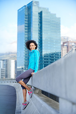 Buy stock photo Woman, exercise and break in city for running, sports or training on street or road. Health, jogging and runner portrait or female athlete getting ready for fitness, marathon or cardio with smile