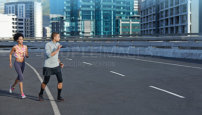 Buy stock photo Running, health and training with couple in city for start of fitness, athlete and wellness. Race, exercise and marathon workout with people for urban, cardio and sports performance together