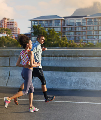 Buy stock photo Running, morning and training with couple in city for start of fitness, athlete and wellness. Race, exercise and marathon workout with people for urban, health and sports performance together