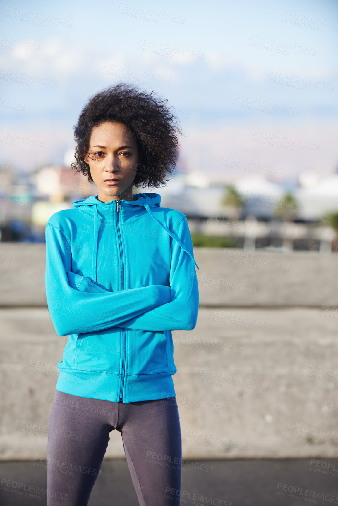 Buy stock photo Woman, runner and portrait in street, arms crossed and ready for fitness, training and health in morning. Person, outdoor and exercise on metro road for workout, progress and prepare for marathon