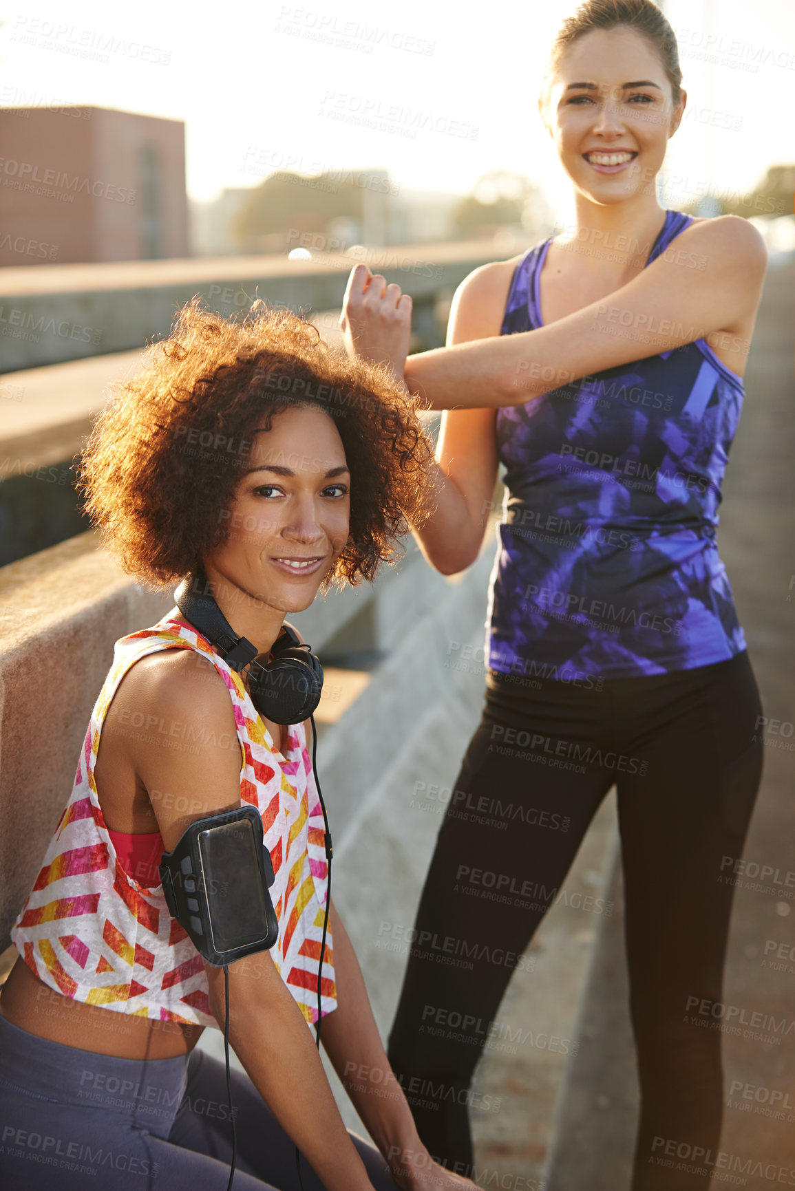 Buy stock photo Portrait, women and friends in city, stretching and exercise with training, balance and urban town. Face, runners and people with confidence, New York and cardio workout with wellness and healthy
