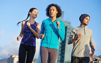 Buy stock photo City, sky and people running together for fitness, morning training and commitment to healthy body. Wellness, exercise and group of friends on urban workout, outdoor challenge or sports performance