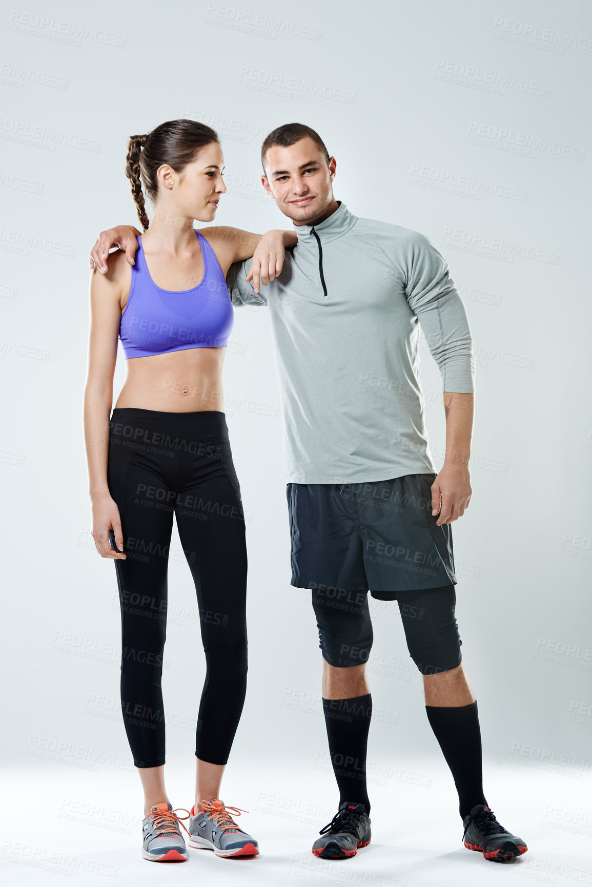 Buy stock photo Portrait, teamwork and couple with fitness, exercise and motivation on white studio background. Face, healthy people and man with woman, training and workout with challenge, support and wellness