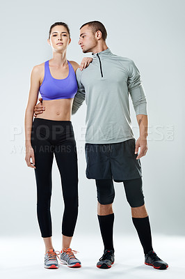 Buy stock photo Portrait, teamwork and couple with support, exercise and motivation on white studio background. Face, healthy people and man with woman, training and workout with challenge, fitness and wellness