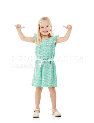 Buy stock photo Child, girl and portrait with thumbs up for fashion in studio with outfit approval or agreement to style. Kid, mockup and happy with hand gesture for good news, clothes or success on white background