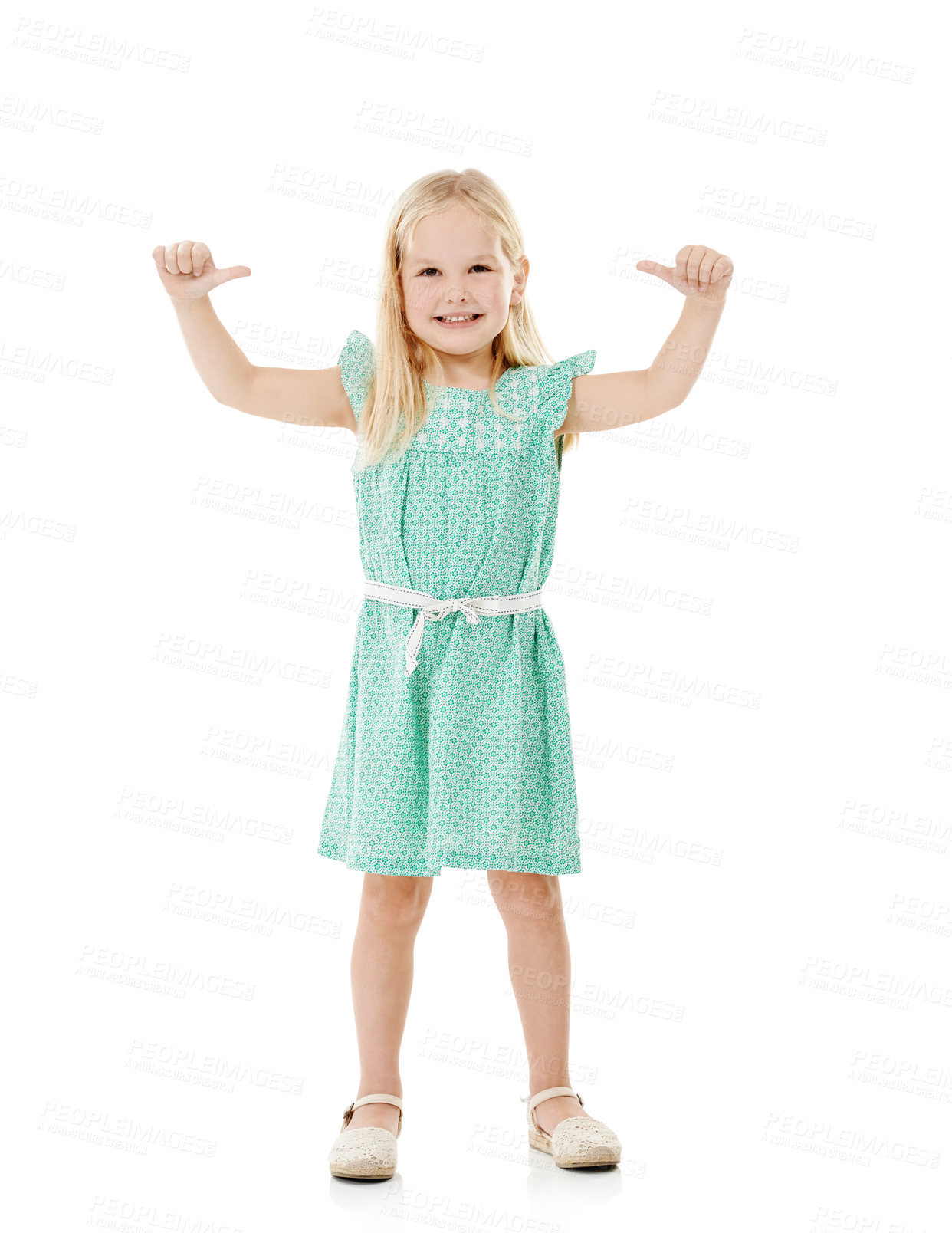 Buy stock photo Child, girl and portrait with thumbs up for fashion in studio with outfit approval or agreement to style. Kid, mockup and happy with hand gesture for good news, clothes or success on white background