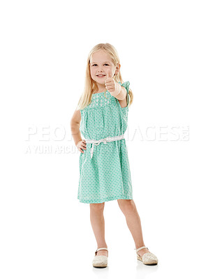 Buy stock photo Child, girl and thumbs up in portrait for fashion with organic cotton, yes to sustainability clothing or recycling fabric. Kid, studio and hand gesture with dress approval on white background mockup