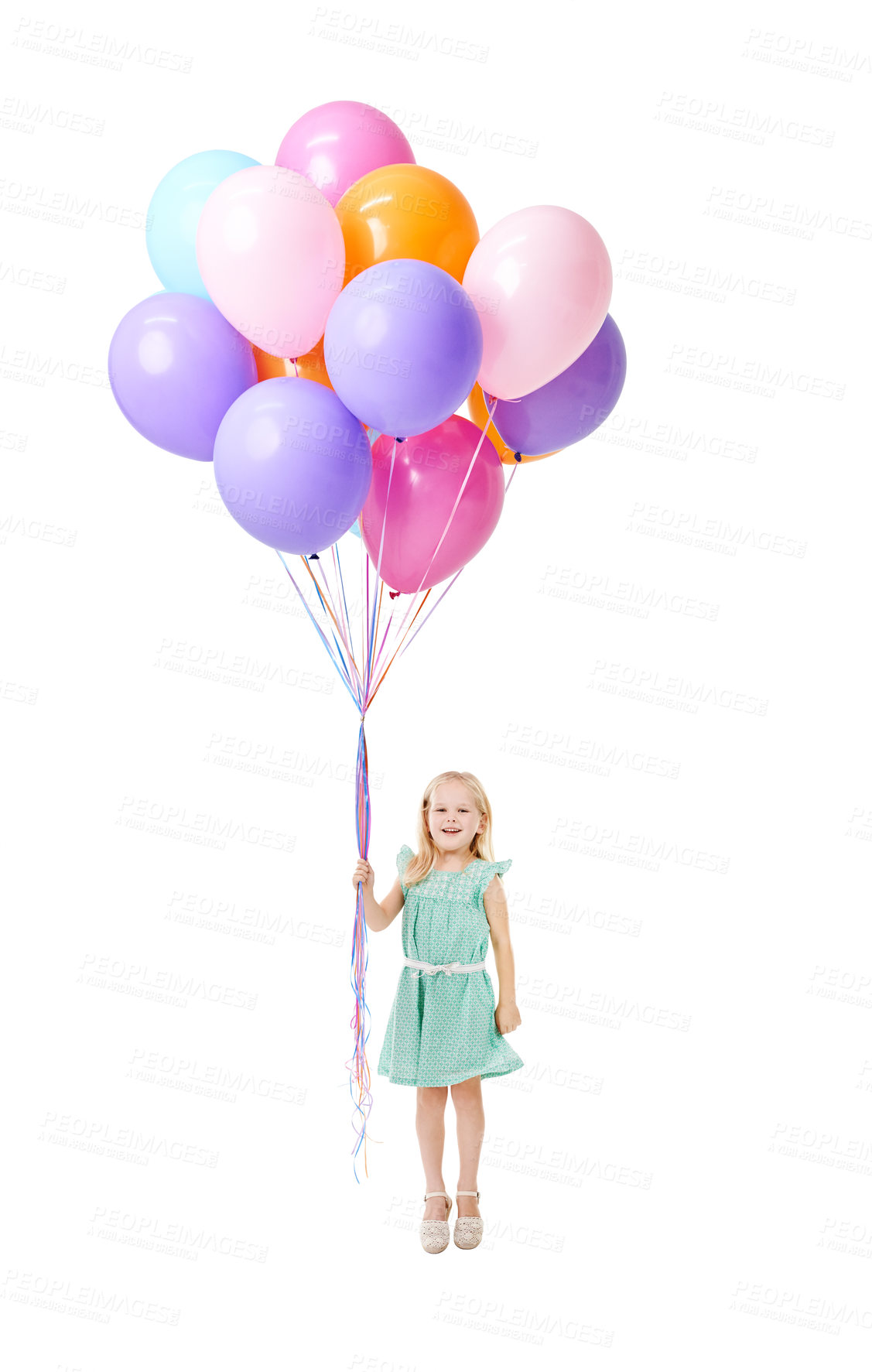 Buy stock photo Balloons, jump and portrait of child in studio for birthday party, celebration or fun with event. Happy, decoration and girl kid from Germany with flying helium accessory by white background.