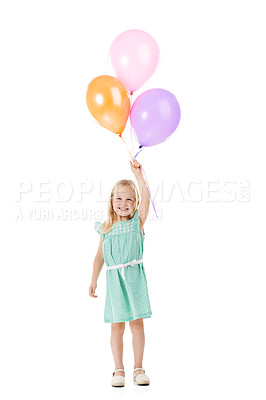 Buy stock photo Studio shot of a cute little girl holding a bunch of balloons against a white background 