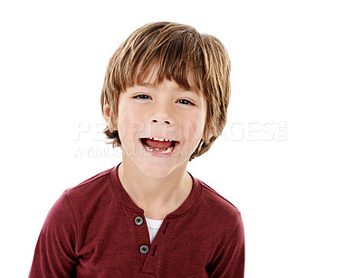 Buy stock photo Excited, child and portrait with smile in studio for cheerful, positivity and development of future. Little boy, happy and face with joy by white background for carefree, fun and innocent in growth