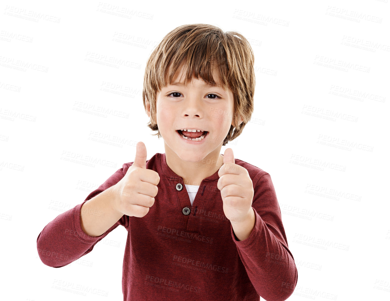 Buy stock photo Portrait, kid and boy with thumbs up, agreement and support isolated on white studio background. Face, model and childhood with hand gesture, icon and symbol with like, emoji and sign with thank you