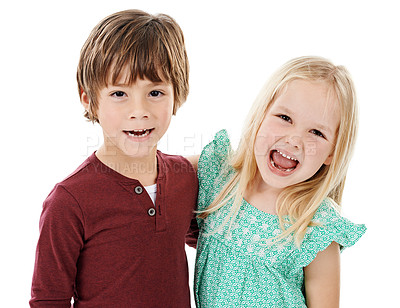 Buy stock photo Studio shot of a cute little boy and girl posing together against a white background