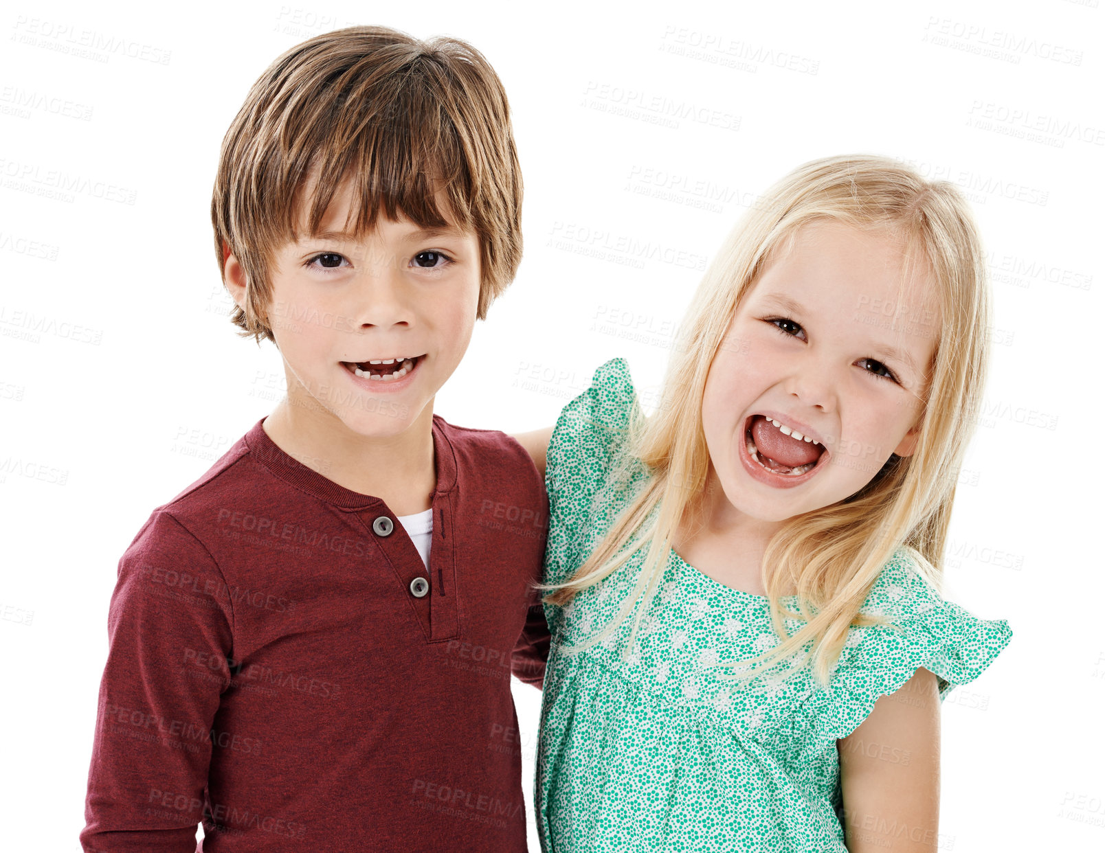 Buy stock photo Boy, girl and portrait of kids in studio with smile, bonding or fashion with excited siblings in kindergarten. Brother, sister and children with cool style, trendy clothes or hug on white background