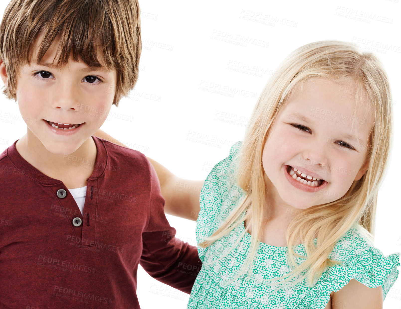 Buy stock photo Boy, girl and portrait of children in studio with smile, bonding or fashion with siblings in kindergarten together. Brother, sister and kids with cool style, trendy clothes or hug on white background