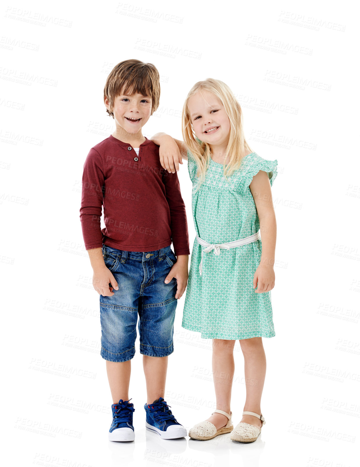 Buy stock photo Boy, girl and portrait of kids fashion in studio with smile, bonding or siblings in kindergarten together. Brother, sister and children with cool style, trendy clothes and friends on white background