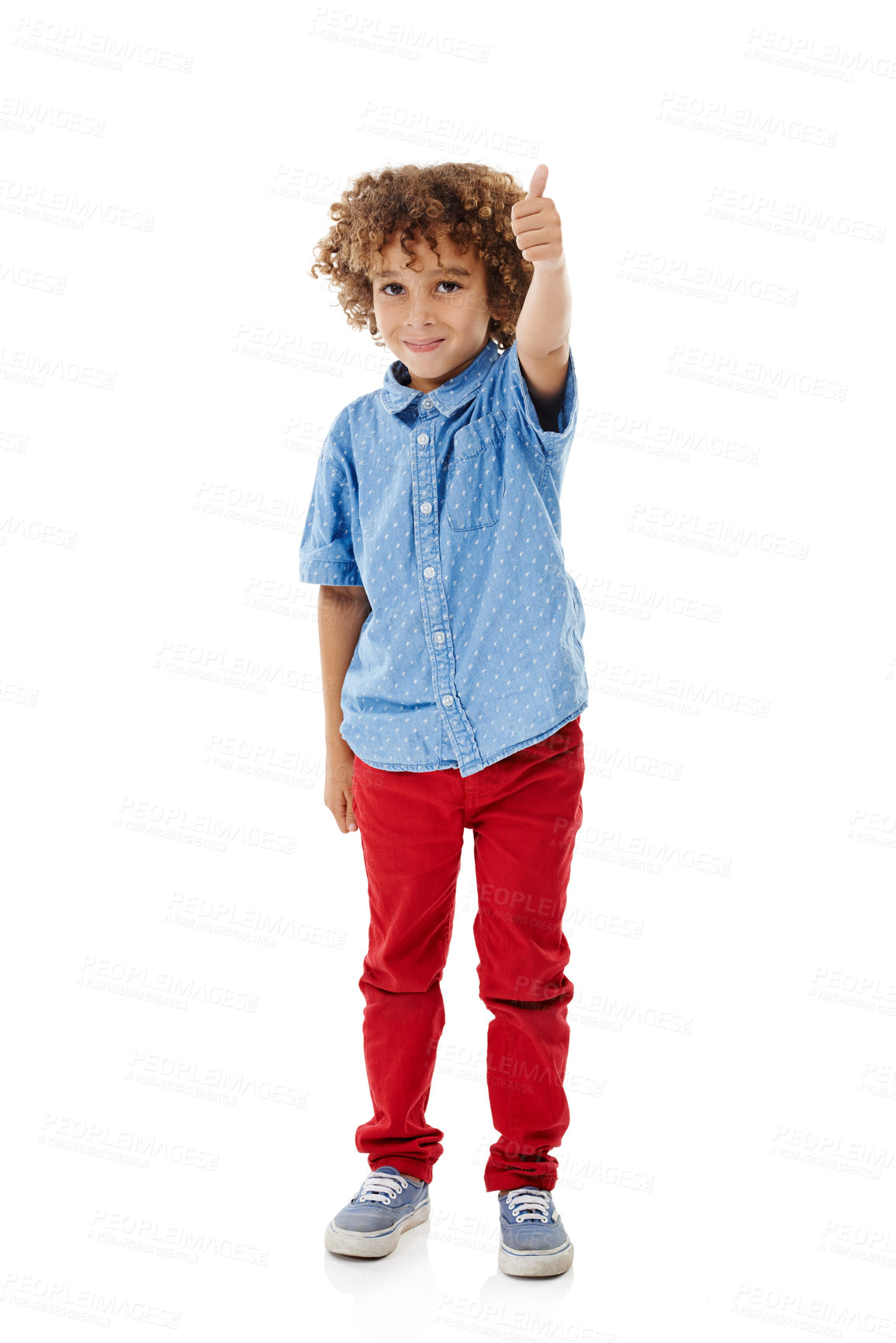 Buy stock photo Child, boy and portrait with thumbs up for fashion in studio with outfit approval or agreement to style. Kid, mockup and happy with hand gesture for good news, clothes or success on white background