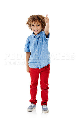 Buy stock photo Kid, smile and portrait with thumbs up for fashion in studio with outfit approval or agreement to style. Child, mockup and boy with hand gesture for good news, clothes and success on white background