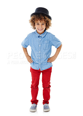 Buy stock photo Happy, hat and portrait of child in studio for cool outfit, development and fashion in youth. Accessory, confidence and little boy with smile by white background for summer clothes, pride and growth