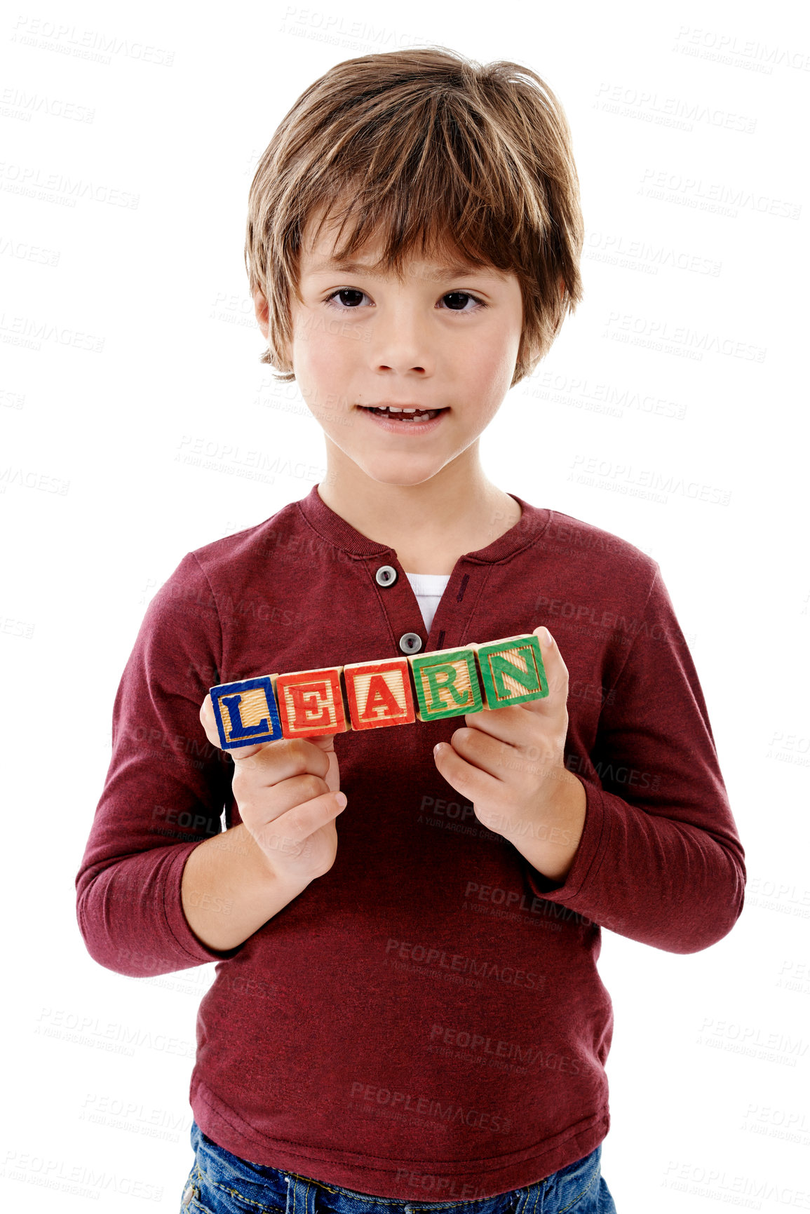 Buy stock photo Happy, studio and portrait of boy with building blocks for learning, education or child development. Creative, childhood and isolated young kid with school toys for spelling games on white background