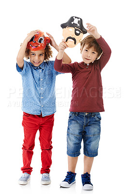 Buy stock photo Boy, children and mask for halloween in studio portrait with smile, trick or treat by white background. Kids, creative and playful with character, animal and pirate with partnership for game in USA