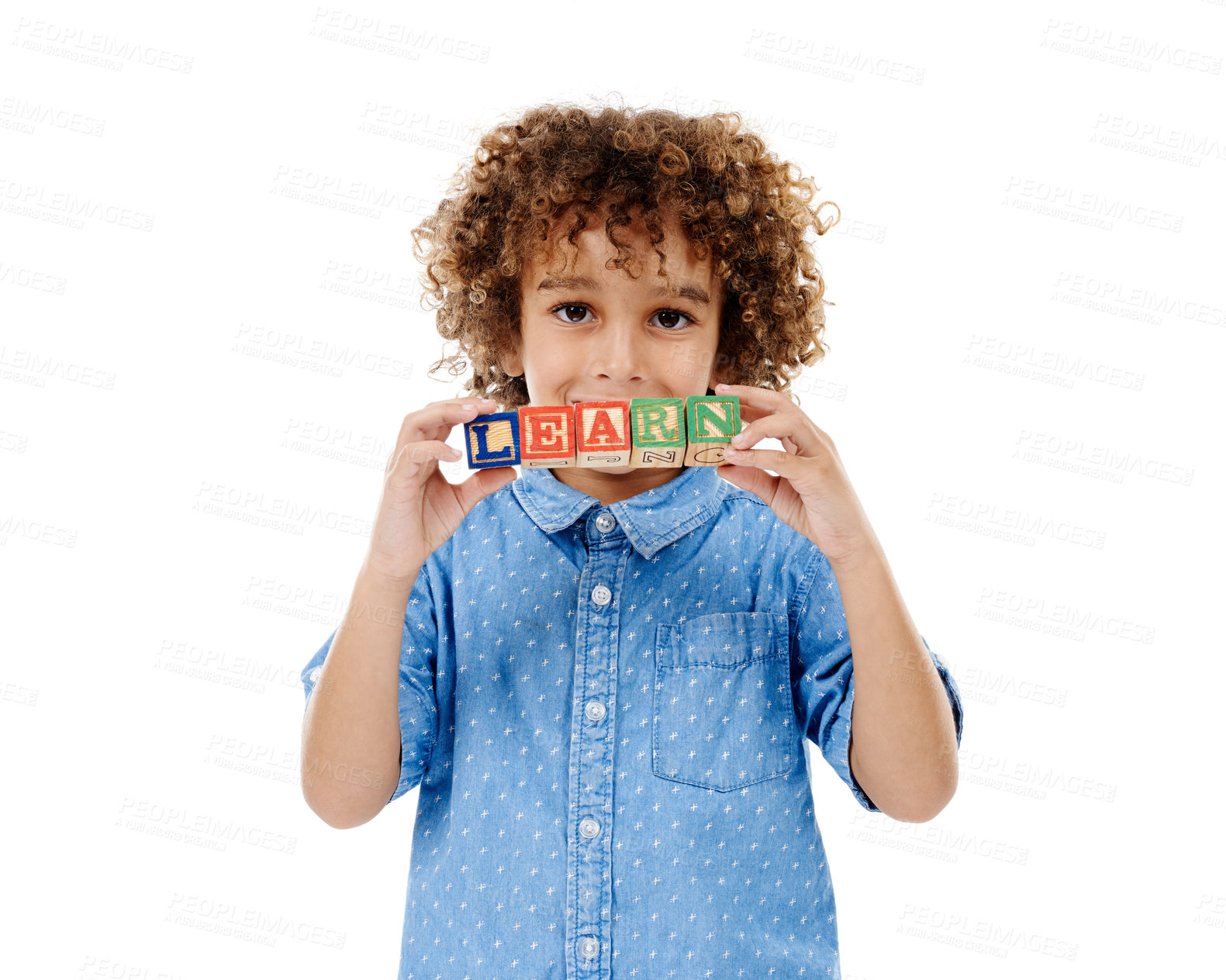 Buy stock photo Learn, studio and portrait of kid with building blocks for knowledge, education or child development. Creative, childhood and isolated young boy with toys for spelling games on white background