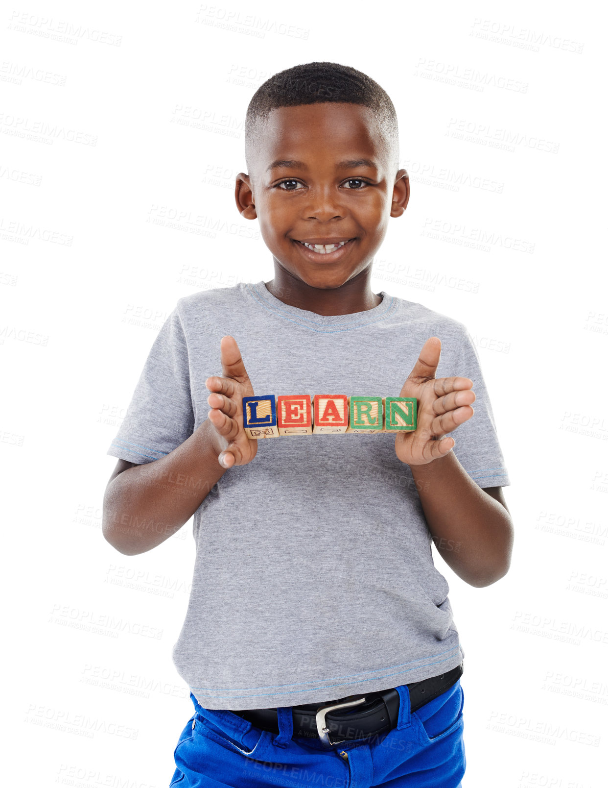 Buy stock photo Black child, portrait and wooden blocks with alphabet for education, learning or development on a white studio background. Young African, boy or kid with smile for childhood growth at kindergarten